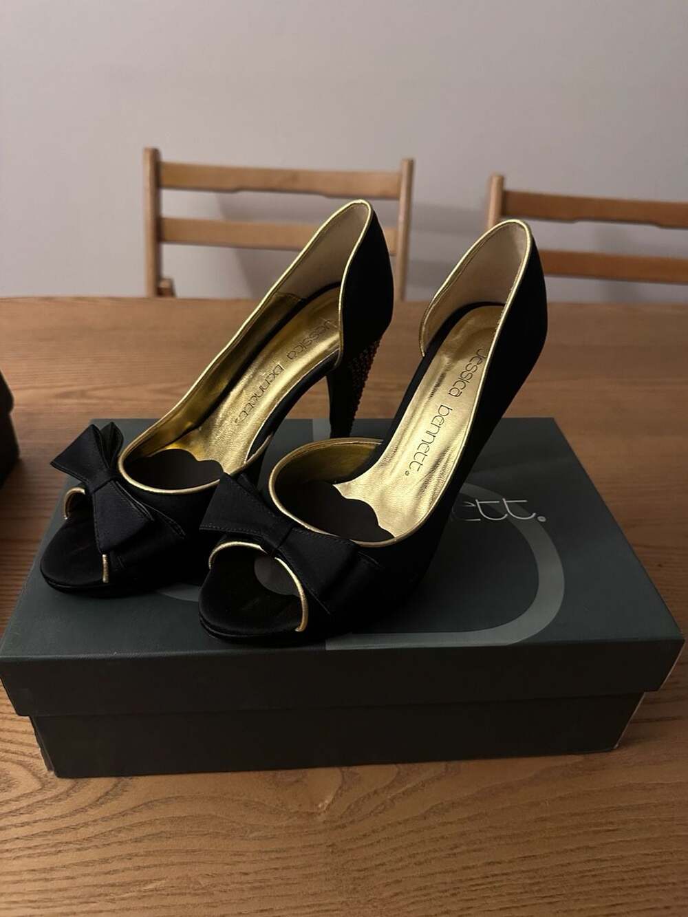 Jessica Bennett JJeanie Black Satin Peep-Toe Stilettos with Studded Heels and Bo